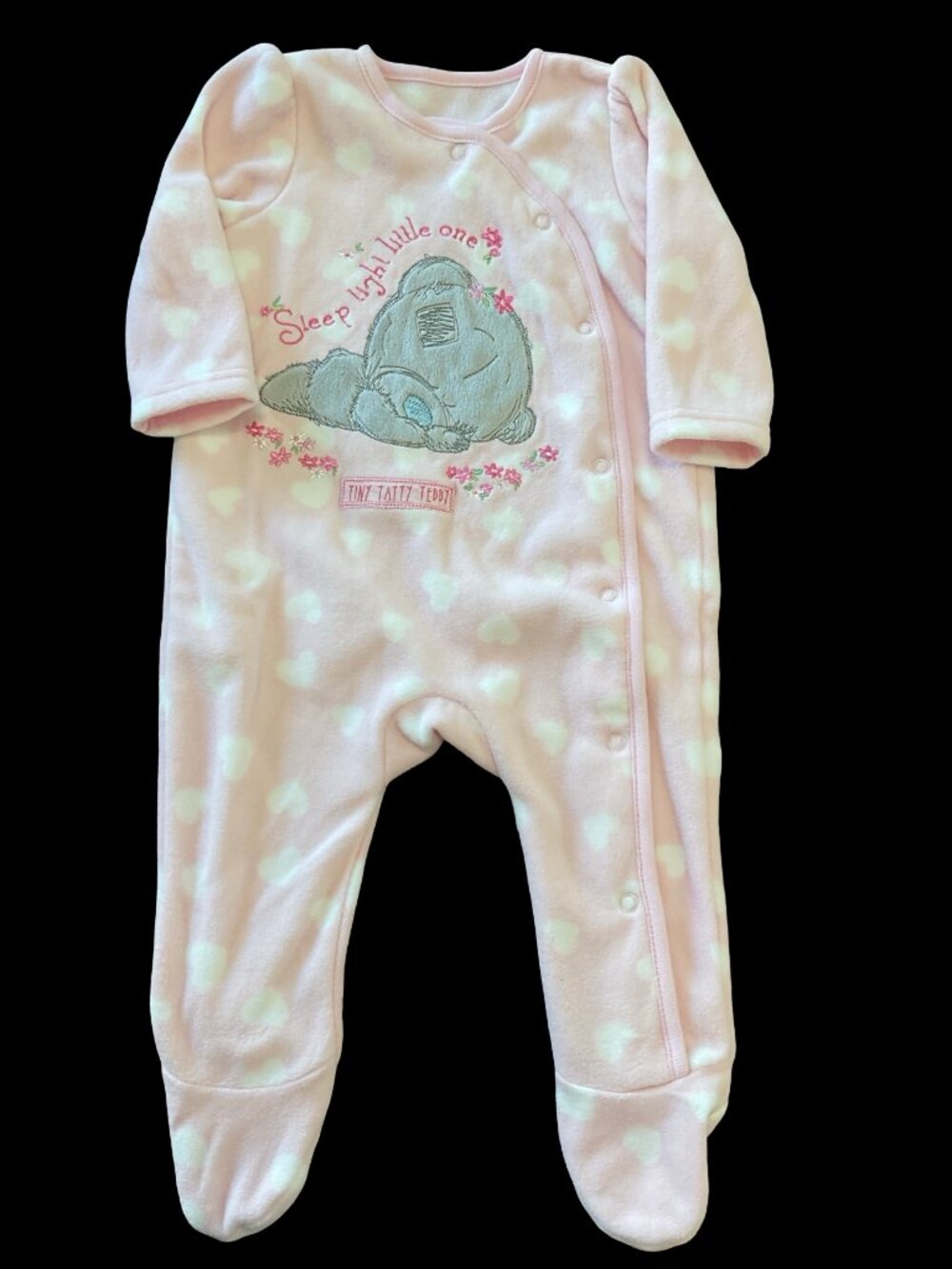 🌻10/$25 - Pink/White Heart Print Fleece Sleeper w/ Teddy Bear Applique